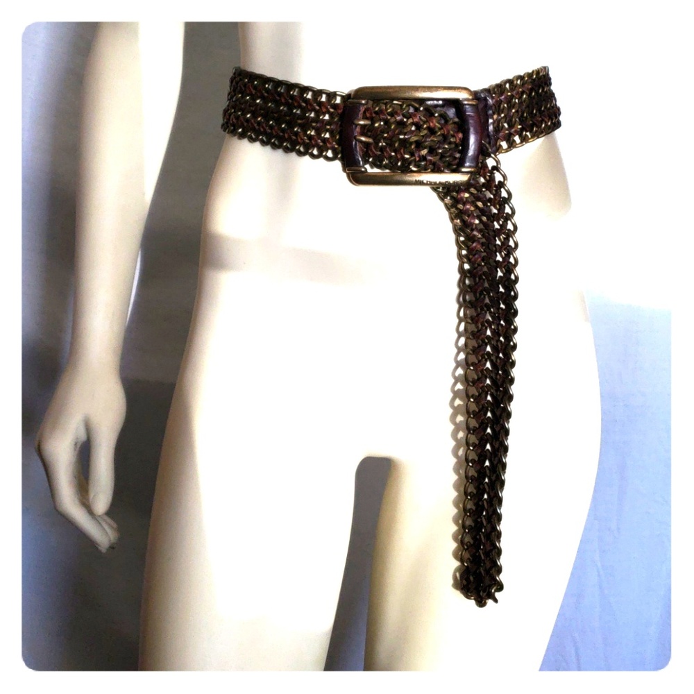 VTG Michael Kors Leather Braid Brass Metal Chunky Oversized Adjustable Belt Sz M